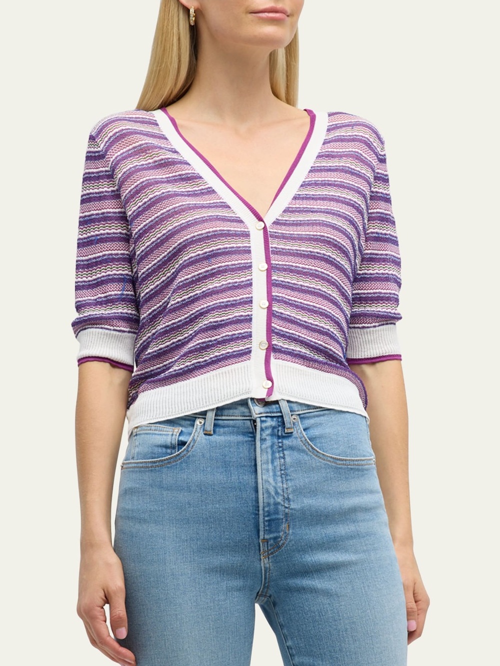Veronica Beard Varia Mixed Stripe short sleeve Cardigan V-Neck size medium